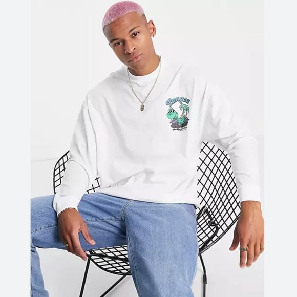 ASOS Design Men's Oversized Long Sleeve T-Shirt Sz M -White w/Dinosaur Print NWT - Picture 1 of 4
